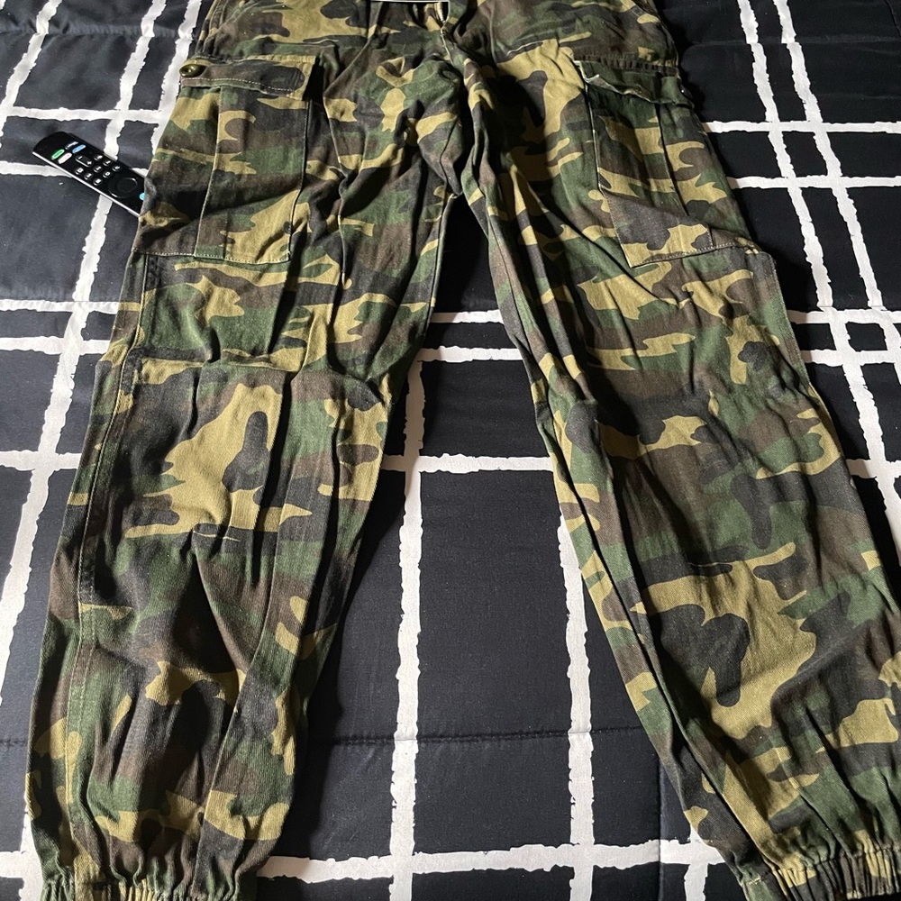 Fashion Nova Green and Brown Track Pants with Camouflage Design